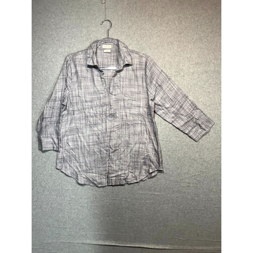 Van Heusen 3/4 Sleeve Split V Neck Top Plaid Viscose Women's Gray Size Medium